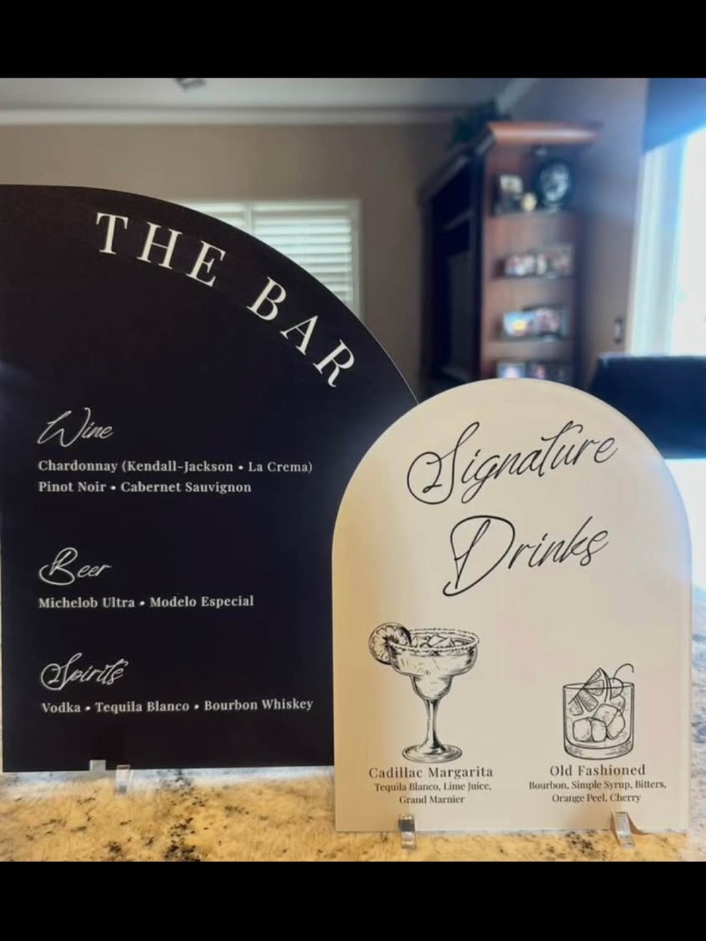 The Bar Signature Drinks Acrylic Menu Sign - Black & Cream for wedding